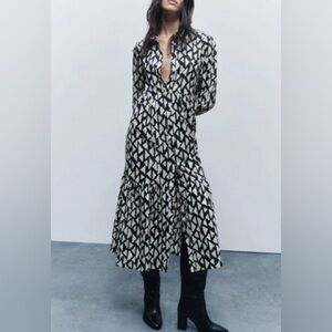 ZARA WOMAN LONG GEOMETRIC SUNNY DRESS BLACK/WHITE NET XL
